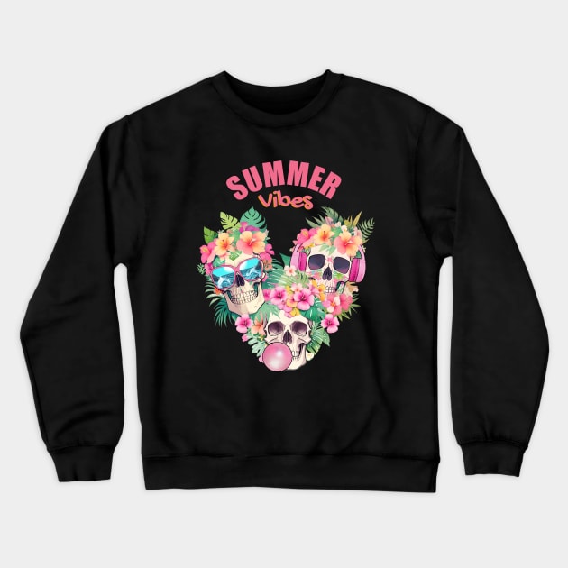 Three Tropical skull head with sunglasses,bubble gum balloon and headphones, leaves and flowers Crewneck Sweatshirt by Collagedream